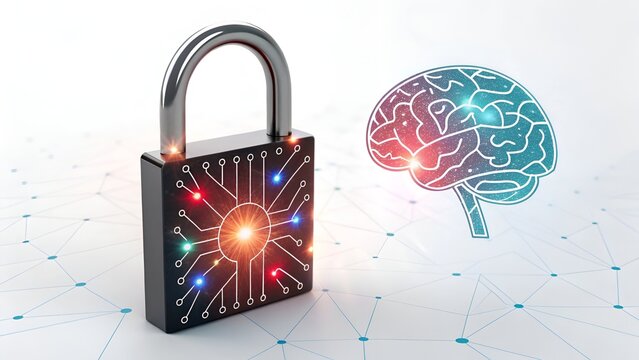 Digital padlock protecting illuminated brain circuit with glowing nodes on a network grid