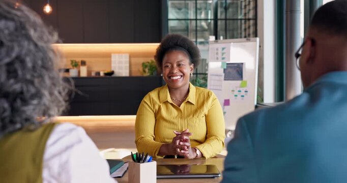 Woman, smile and shaking hands in meeting for financial funding, success or deal with analyst. Happy people, handshake and agreement with clients in office, data specialist or investment partnership