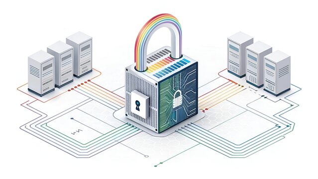Digital padlock securing servers with circuit board and rainbow arch for data protection concept