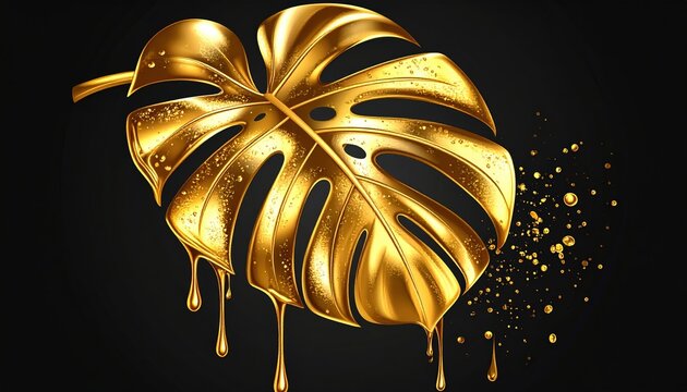 Monstera deliciosa leaf dripping with liquid gold, symbolizing luxury, elegance, and tropical style