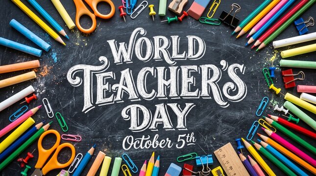 World Teacher's Day celebration graphic featuring colorful school supplies like pencils, scissors, and paper clips arranged on a dark chalkboard background with elegant typography for October 5th.