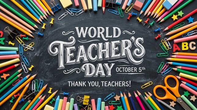 World Teacher's Day Celebration Concept featuring Ornate Chalkboard Typography Surrounded by Colorful School Supplies, Pencils, Scissors, and Paperclips on a Dark Textured Background