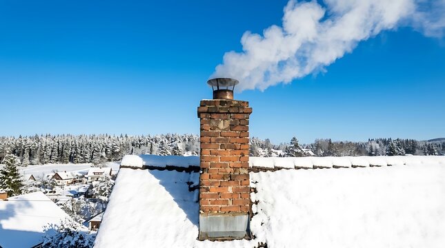 Brick chimney emitting smoke on a snowy roof against a clear blue winter sky with seasonal