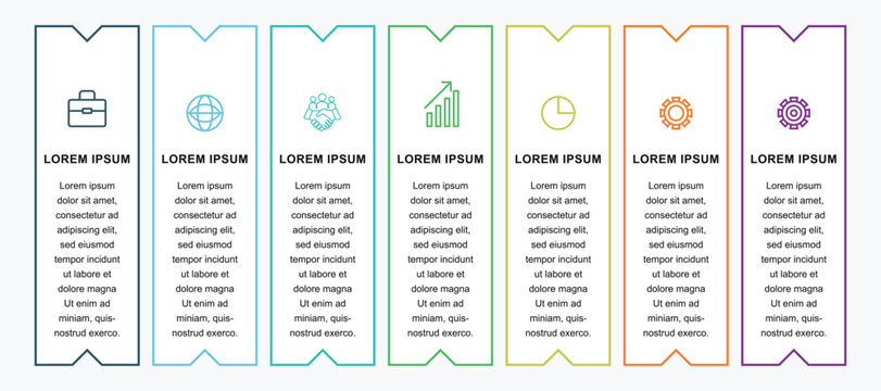 Seven step vertical notched banner infographic template sequential business workflow timeline process diagram layout corporate presentation vector design