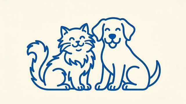 Animated outline of a cheerful dog and cat sitting together side by side