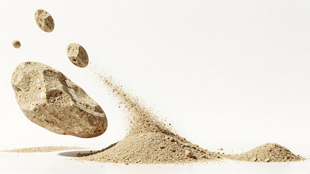 Large stone floating above a sand dune with small flying rock fragments on clean white background