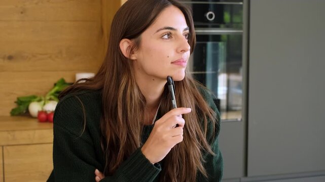 Creative young woman thinking about what to cook for dinner and writing down a shopping list in her modern kitchen. Beautiful brunette planning a meal and making a grocery list at home