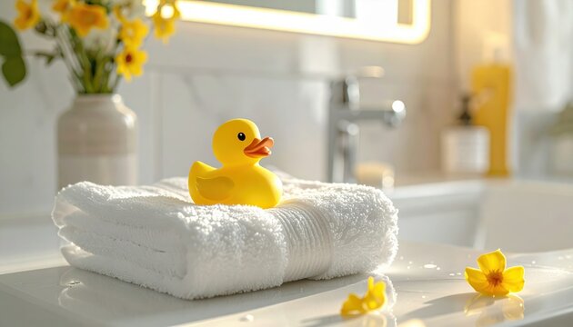 Yellow rubber duck on soft white towels in bathroom, childhood fun hygiene and relaxation