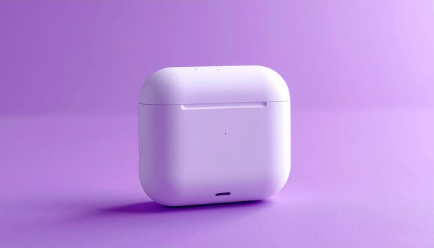 White wireless headphone charging case on purple surface, minimalist technology aesthetic