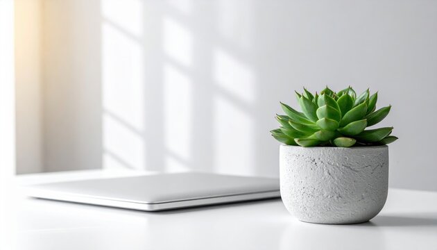 Closed laptop and potted succulent on bright white desk, minimalist workspace