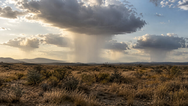 Rain shaft falling from storm clouds over arid desert valley landscape. Concept of sky, weather, precipitation, columns, virga, downburst, rain column.