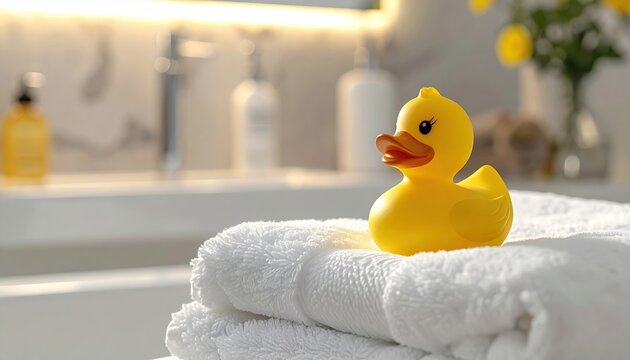 Yellow rubber duck on soft white towels in bathroom, childhood fun hygiene and relaxation