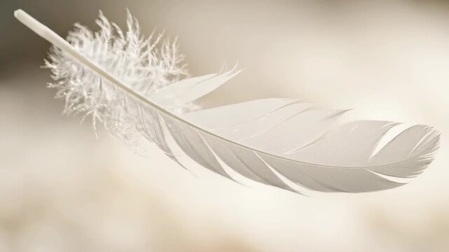 Delicate white feather with soft textures against a blurred background.