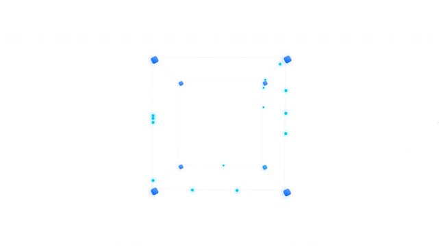 Abstract geometric network of connected blue dots forming a cube-like structure on white background