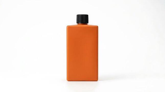 Blank orange plastic cosmetic bottle mockup on white background.