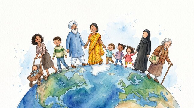 A watercolor illustration of a diverse group of people of various ages, ethnicities, and cultures standing together on top of a stylized globe, symbolizing global unity, community, and inclusivity.
