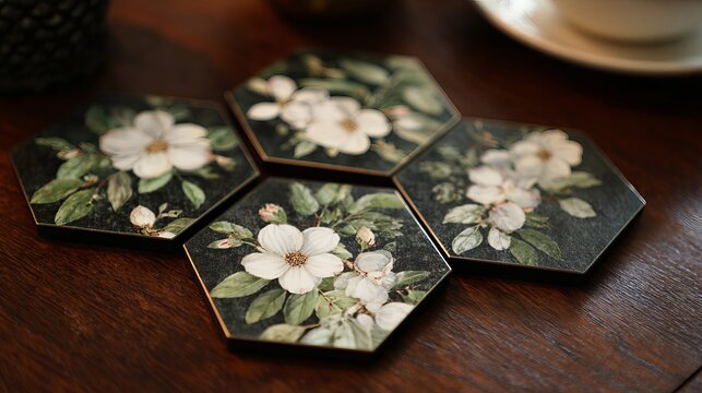 Hexagonal coasters with botanical floral motifs display elegant white blossoms against deep dark green hues, a stylish concept