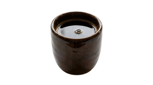 Dark Brown Ceramic Sake Cup with Sake Liquid.