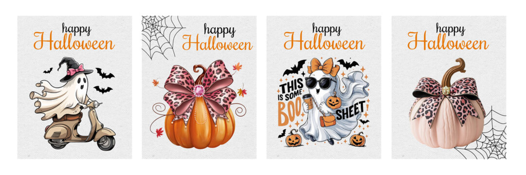 Set of cute Halloween greeting cards with ghost riding scooter pink pumpkin leopard print bow and spiderweb PNG