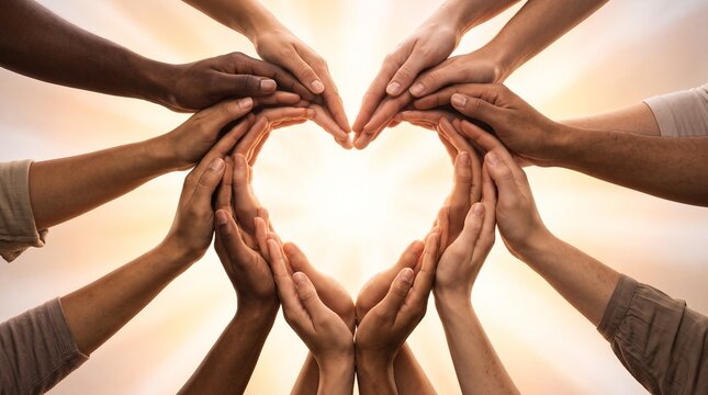 A diverse group of people of various ethnicities joining their hands together to form a heart shape, symbolizing unity, love, inclusivity, equality, and collective support against a bright background.