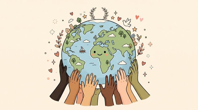 Diverse hands of different skin tones holding a cute smiling Earth globe, symbolizing global unity, peace, inclusivity, environmental awareness, and international cooperation in a whimsical