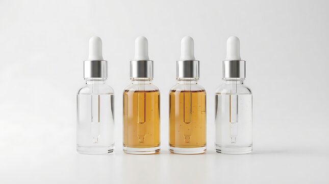 Four transparent glass dropper bottles with amber serum and empty containers.
