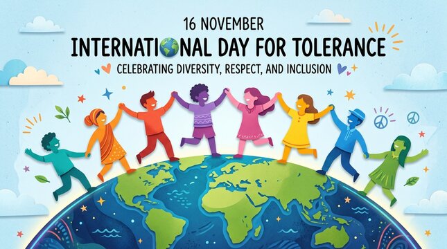 A vibrant digital illustration for the International Day for Tolerance on November 16th, featuring a diverse group of children holding hands around a stylized globe to promote unity and inclusion.