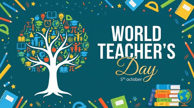 World Teacher's Day Celebration Graphic Featuring a Knowledge Tree Formed by Educational Icons and Stationery Elements on a Deep Teal Background