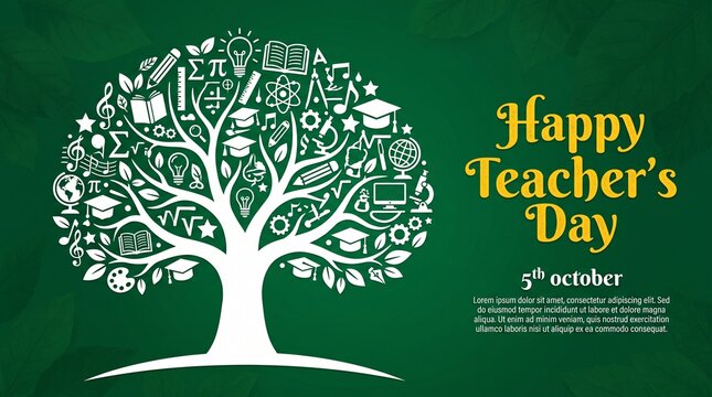 Happy Teacher's Day greeting card featuring a white stylized tree made of educational icons on a dark green chalkboard background with the date October 5th.