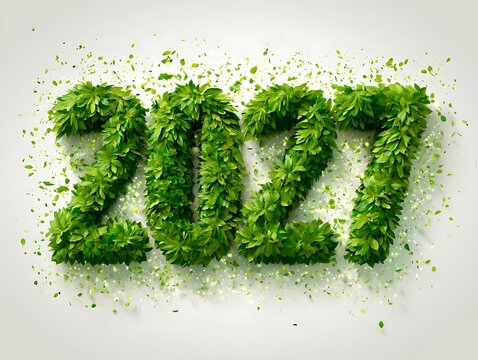 2017 green numbers made of leaves on white background