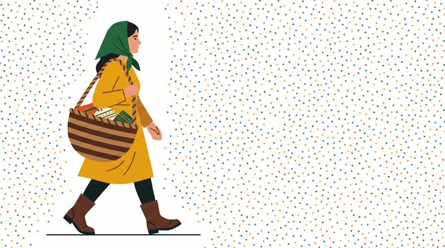 A stylized digital illustration of a young woman wearing a green headscarf and yellow coat, walking in profile while carrying a woven basket filled with groceries against a textured light background.
