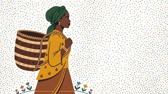 A stylized vector illustration of a Black woman wearing a traditional green headwrap and yellow patterned tunic, carrying a large woven basket on her back while walking through a field of flowers