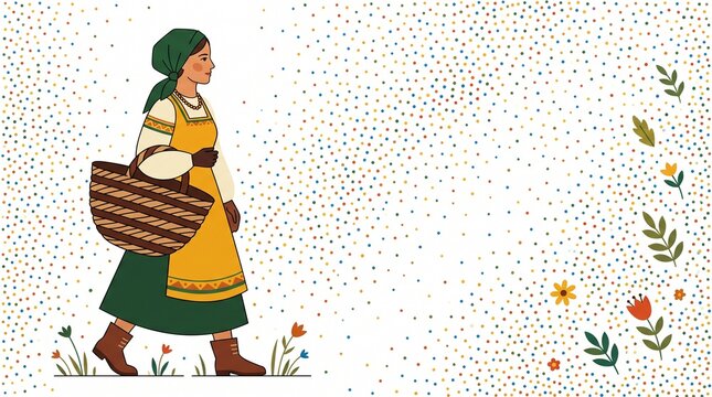A stylized flat vector illustration of a young woman in traditional folk clothing carrying a woven basket, walking through a field with decorative floral elements on a textured beige background.
