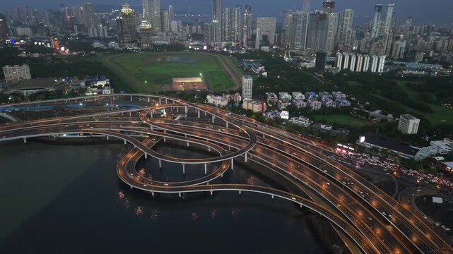 Aerial Evening View of Mumbai Coastal Road Interchange Over Arabian Sea Mumbai Maharashtra India