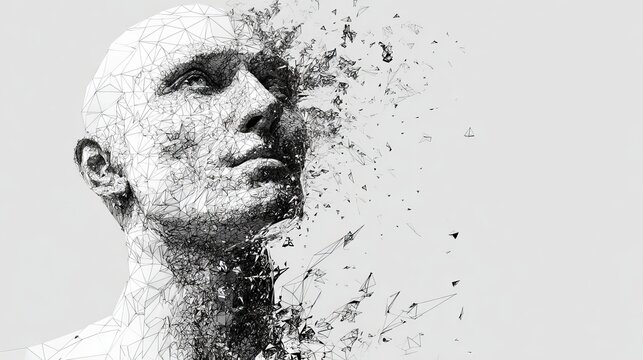 Abstract portrait of a man's face shattering into fragments, symbolizing fragility and the disintegration of identity
