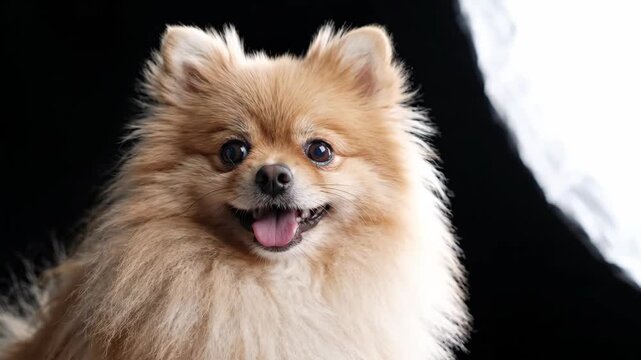 Adorable fluffy Pomeranian dog smiling happily against a dark background.