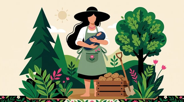 A flat vector illustration of a mother wearing a wide-brimmed hat and green apron holding her baby while standing in a garden with a wooden crate of potatoes and a shovel surrounded by plants.