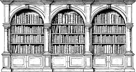 Obraz premium Antique engraved three‑section bookcase illustration on white background for vintage background and wallpaper design element