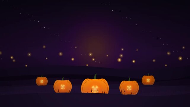 A 2D vector motion background featuring glowing pumpkins sitting in a field under a dark starry night sky