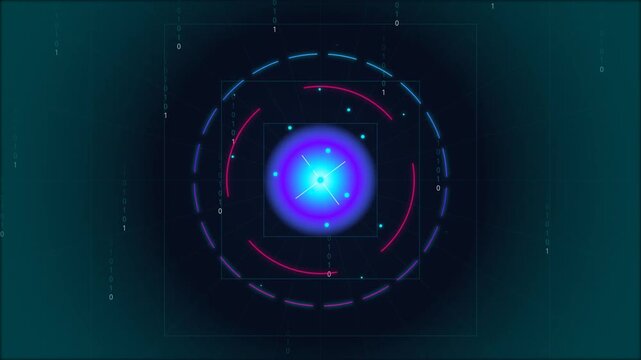 A high-tech HUD motion graphics animation featuring a glowing central energy core surrounded by rotating neon circle rings and floating binary code numbers