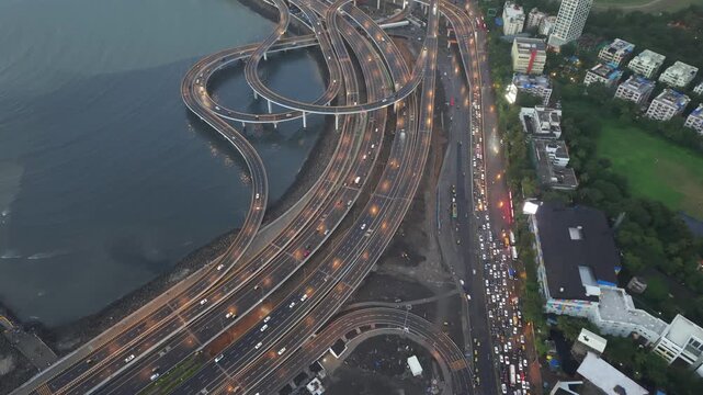 Aerial Evening View of Mumbai Coastal Road Interchange Over Arabian Sea Mumbai Maharashtra India