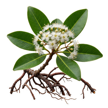 Mangrove rhizophora branch with delicate white flowers blooming above exposed roots isolated on transparent background for natural art