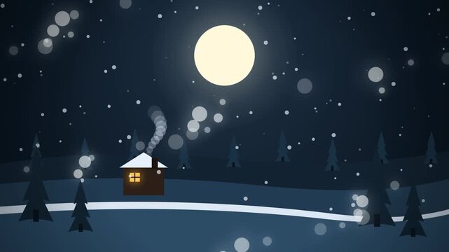 A peaceful 2D vector animated winter night landscape featuring a cozy wooden cabin with a glowing window and smoking chimney