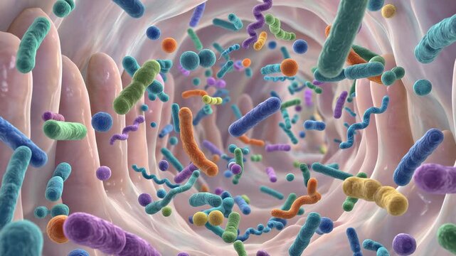 Colorful diverse intestinal bacteria floating inside the human gut, vibrant microbiome, microscopic details, gut flora, 4K video