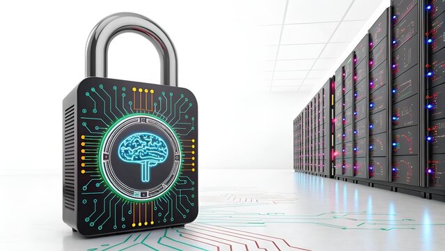 Secure padlock with digital brain against server racks during data center audit