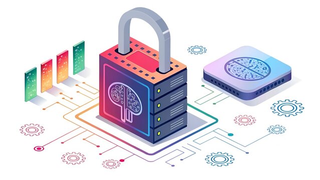 Secure server network with AI brain padlock during data analysis on a white background with gradient