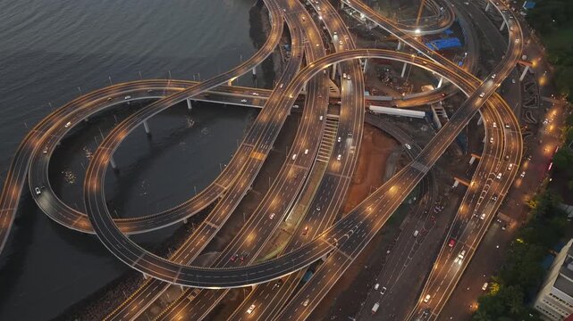 Aerial Evening View of Mumbai Coastal Road Interchange Over Arabian Sea Mumbai Maharashtra India