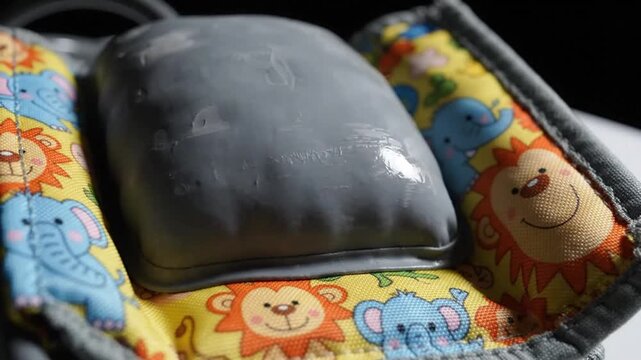 Macro close-up of a pediatric blood pressure cuff with colorful cartoon animal patterns inflating and deflating for a child's medical examination.