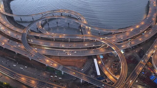 Aerial Evening View of Mumbai Coastal Road Interchange Over Arabian Sea Mumbai Maharashtra India