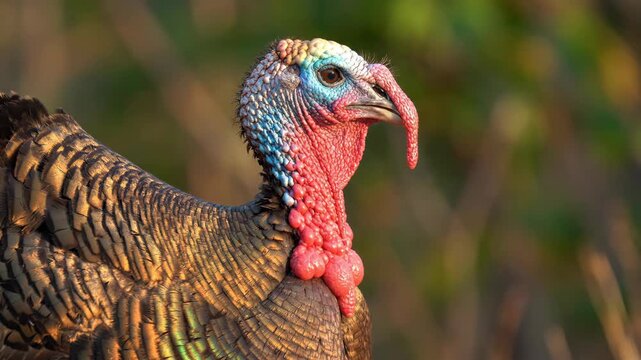 Close-up profile of a vibrant wild turkey with colorful head and iridescent feathers.